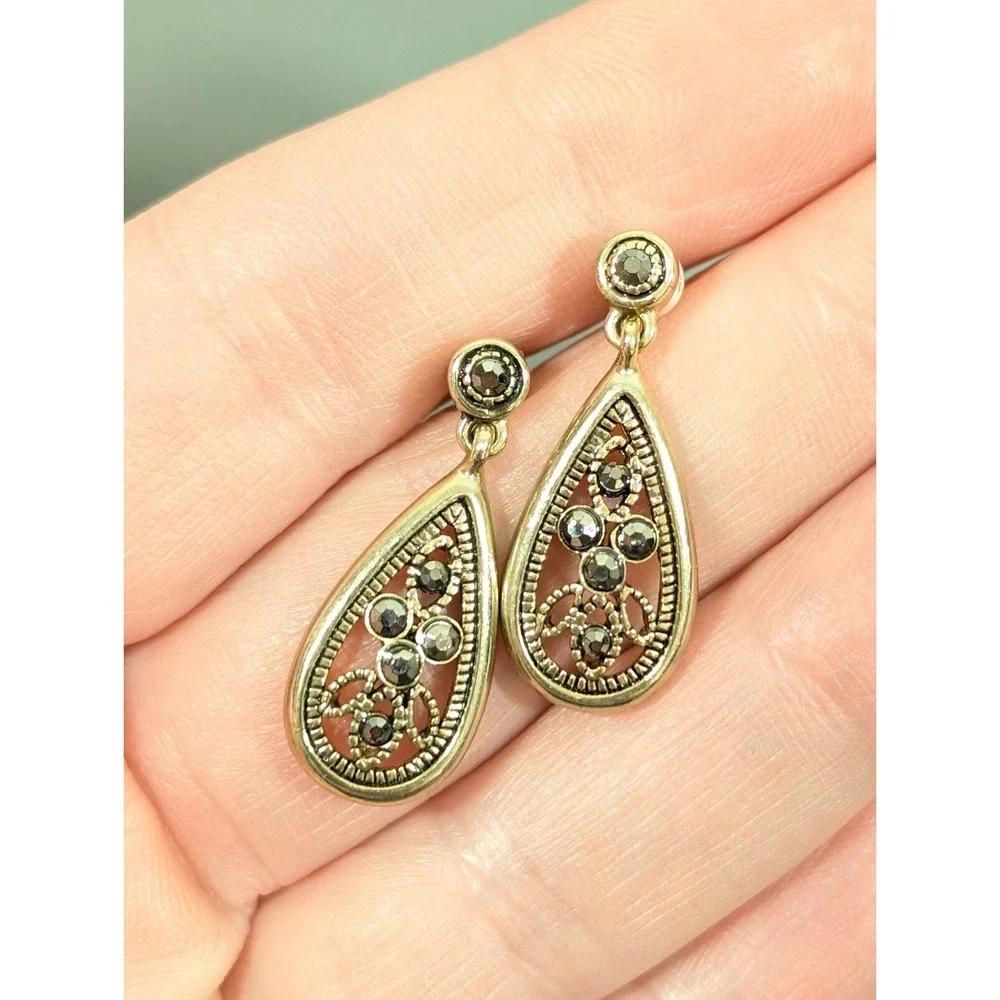 Victorian Style Filigree Teardrop‎ Earrings Gold Tone Faux Marcasite